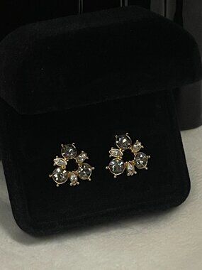 Monet Vintage Gold Tone Smoky Blue Green Rhinestone Cluster Stud Earrings Signed